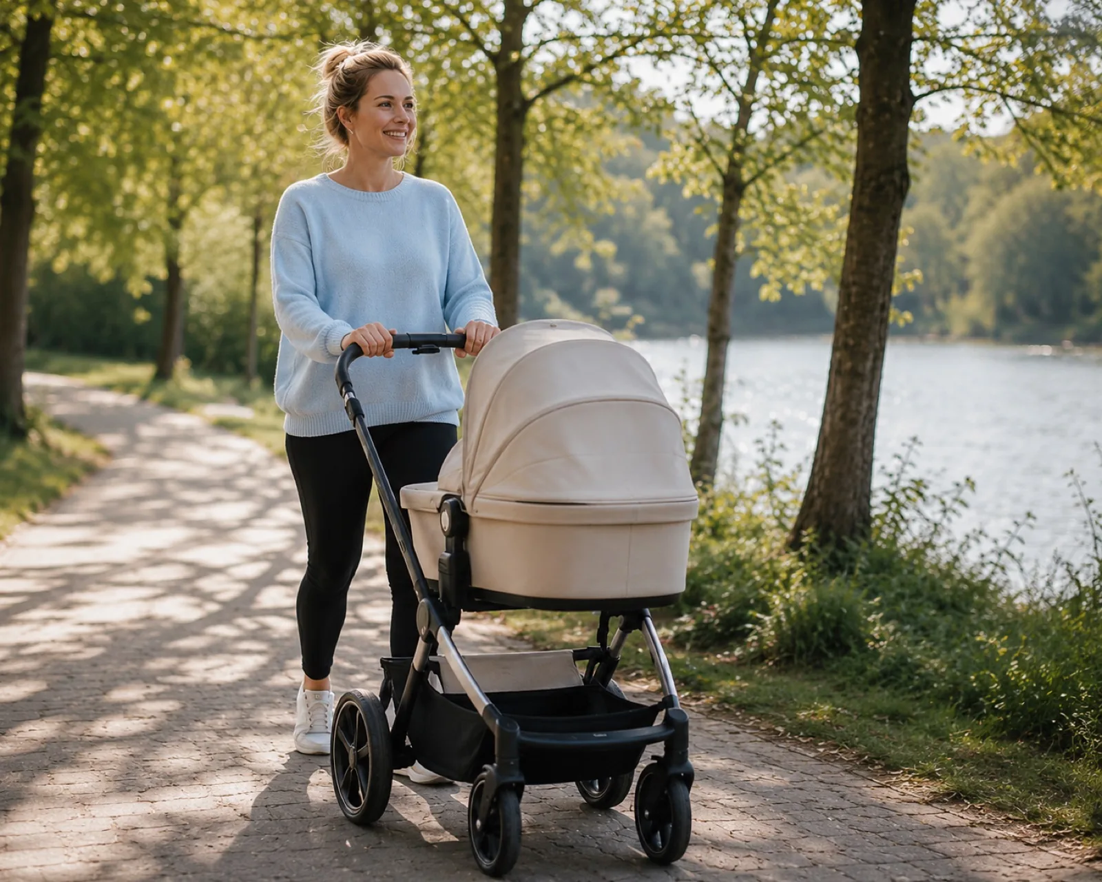 Frau mit Kinderwagen am See – Rückbildung bei MyPelvi
