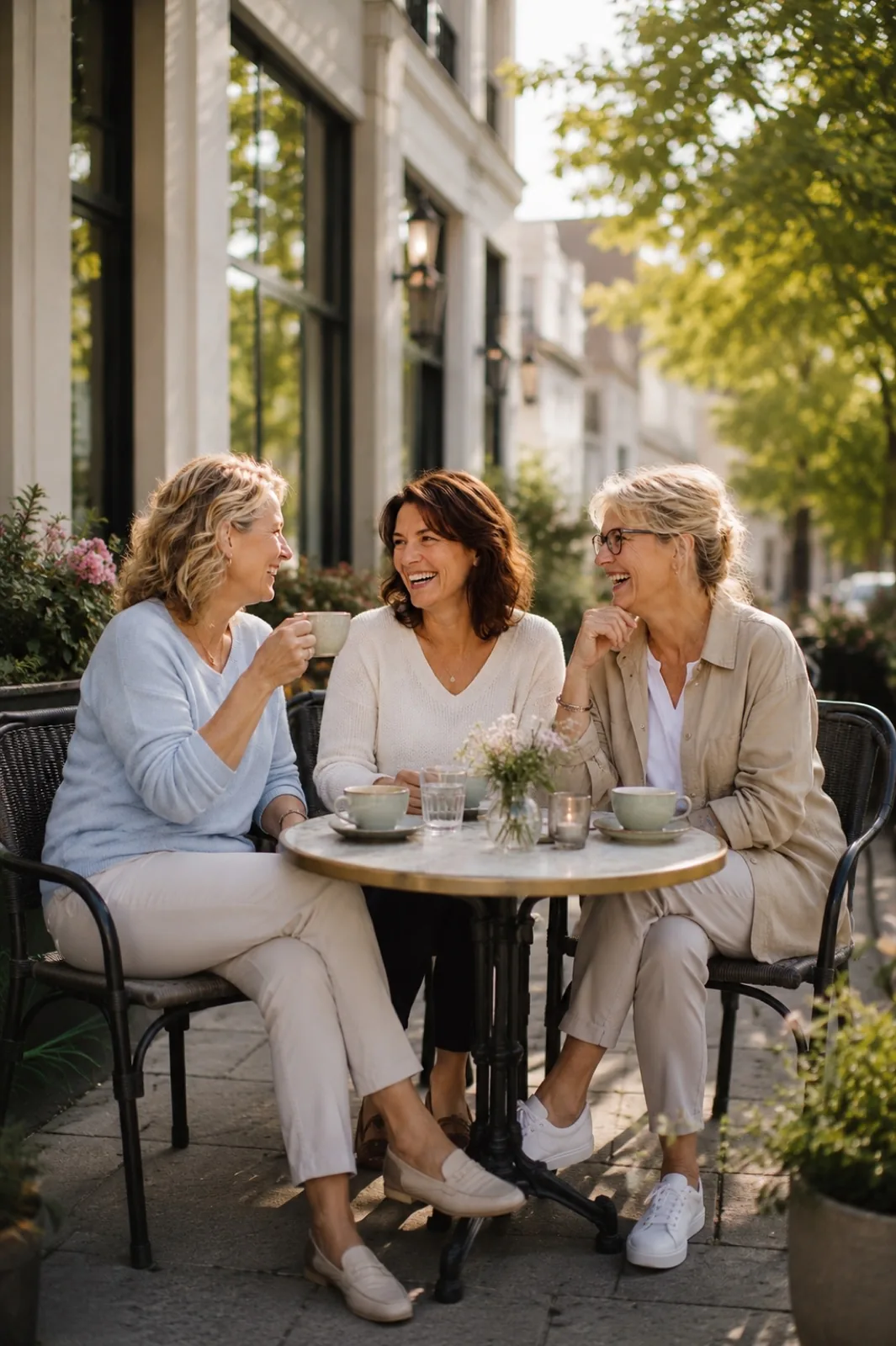 Drei Frauen 50+ entspannt zusammen im Café – Beckenboden in den Wechseljahren bei MyPelvi