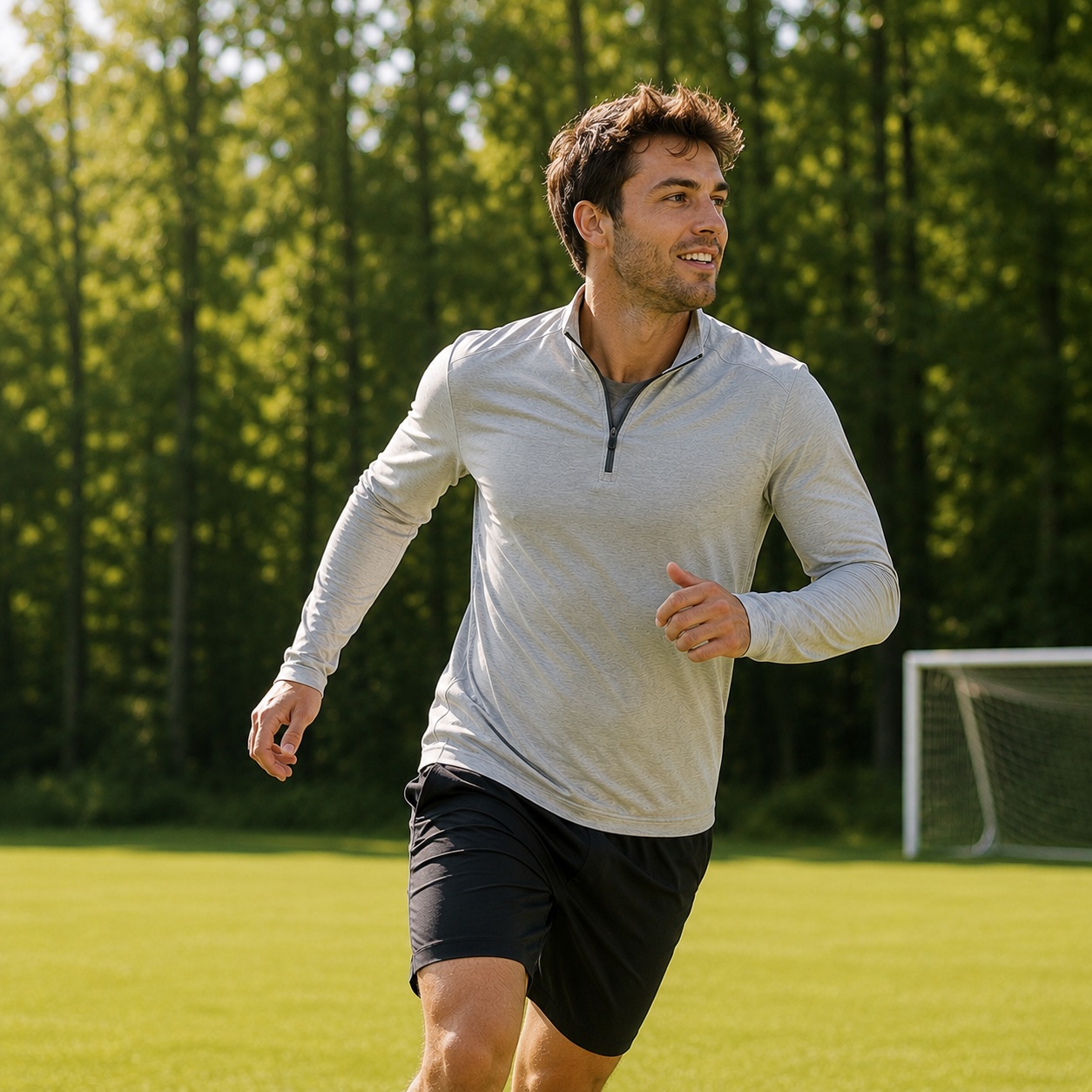 Mann joggt lächelnd auf einem Fußballplatz