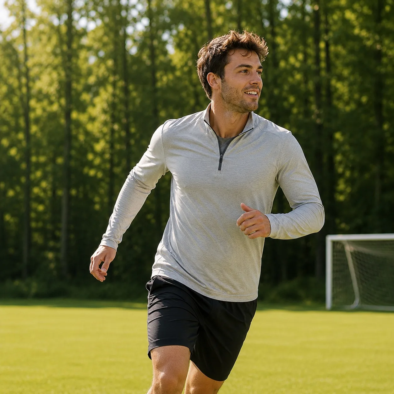 Mann joggt lächelnd auf einem Fußballplatz