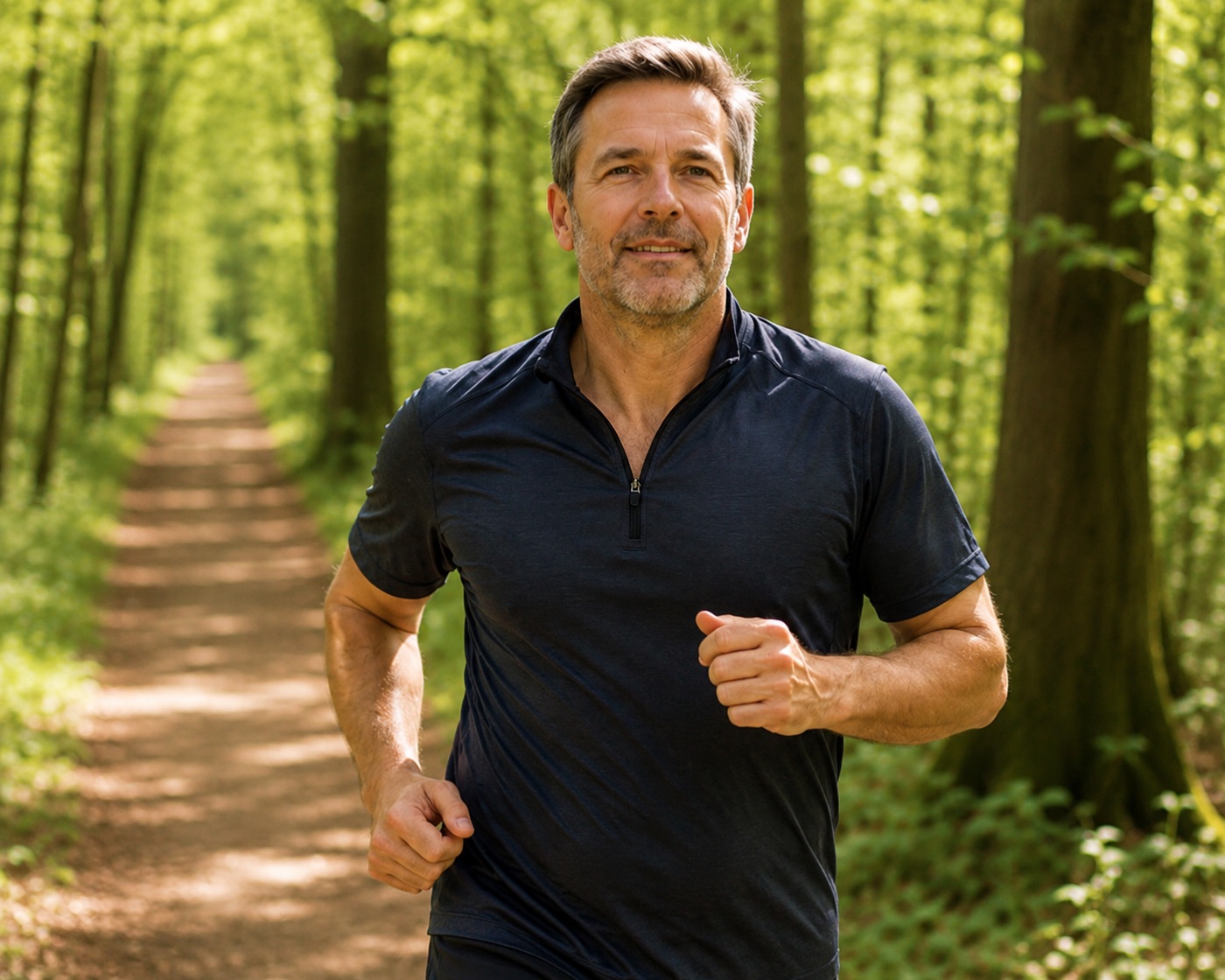 Mann um die 50 joggt lächelnd durch den Wald