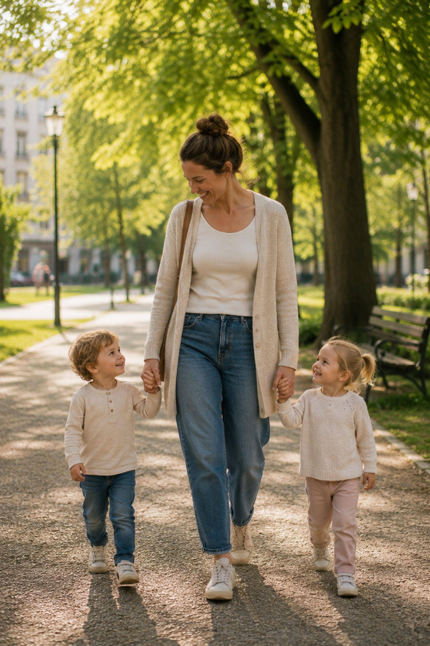 Mutter geht lächelnd mit ihren zwei Kindern Hand in Hand durch den Park