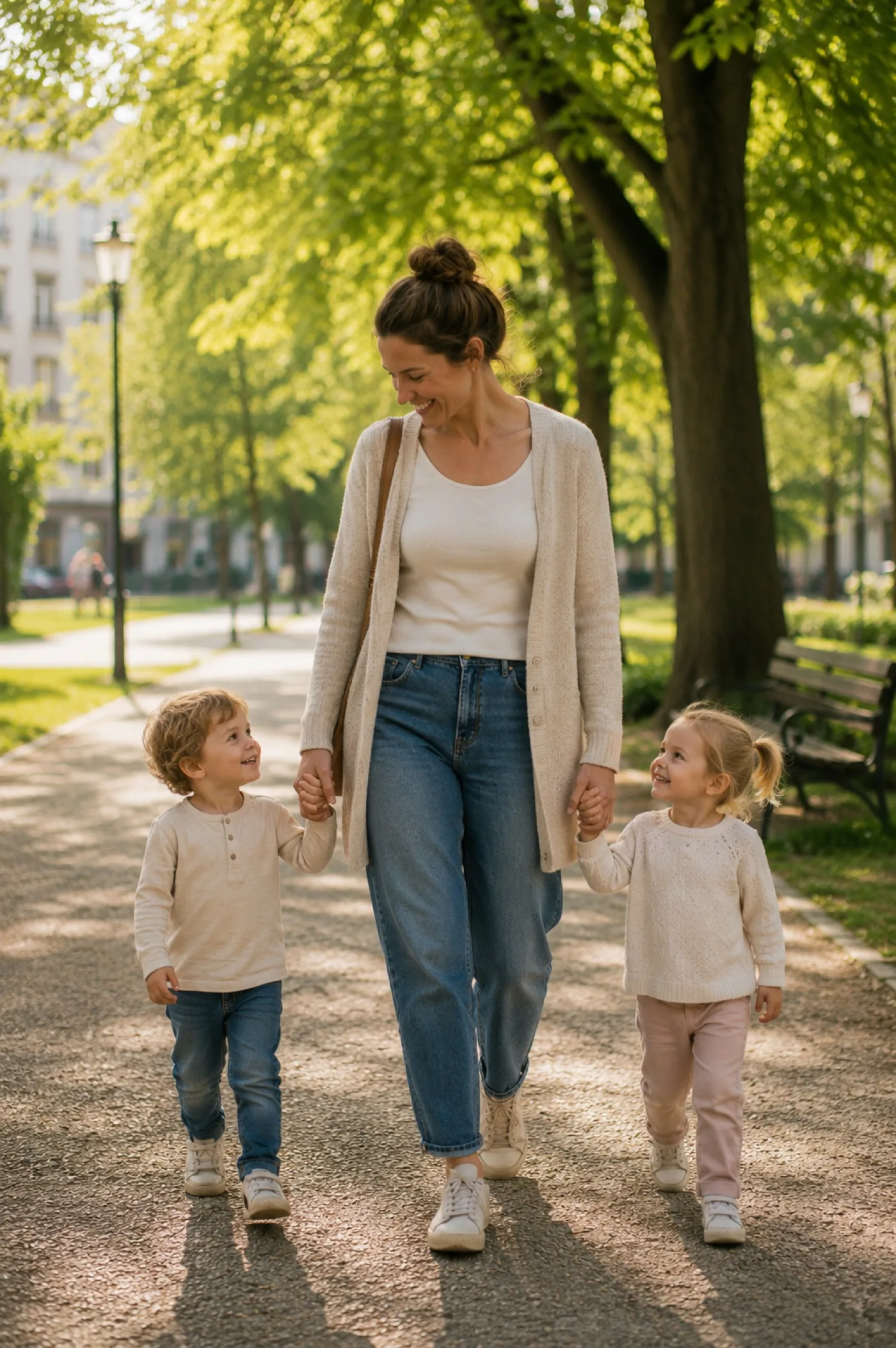 Mutter geht lächelnd mit ihren zwei Kindern Hand in Hand durch den Park