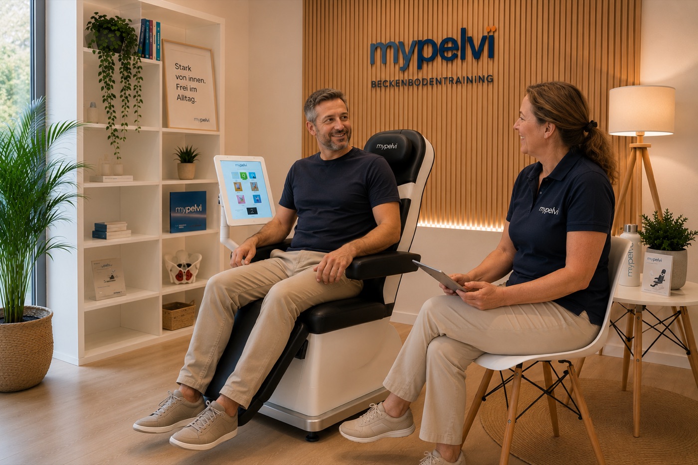 Mann trainiert bekleidet im MyPelvi-Stuhl, begleitet von seiner Coachin im Studio