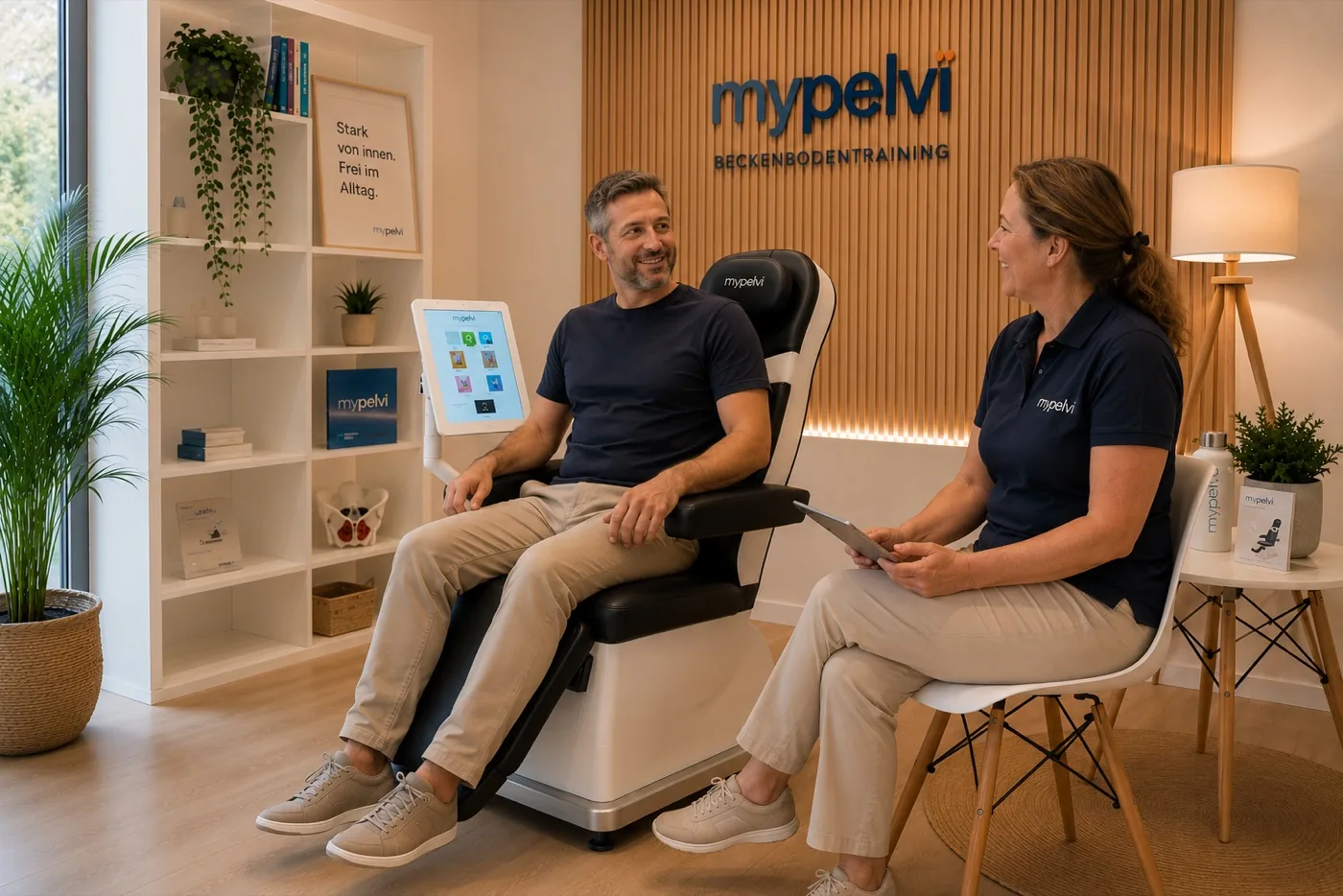 Mann trainiert bekleidet im MyPelvi-Stuhl, begleitet von seiner Coachin im Studio