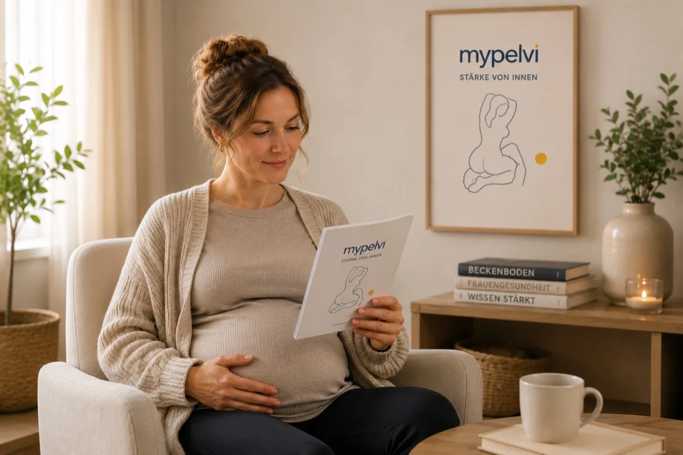 Schwangere liest die MyPelvi-Broschüre, Beckenboden vorbereiten
