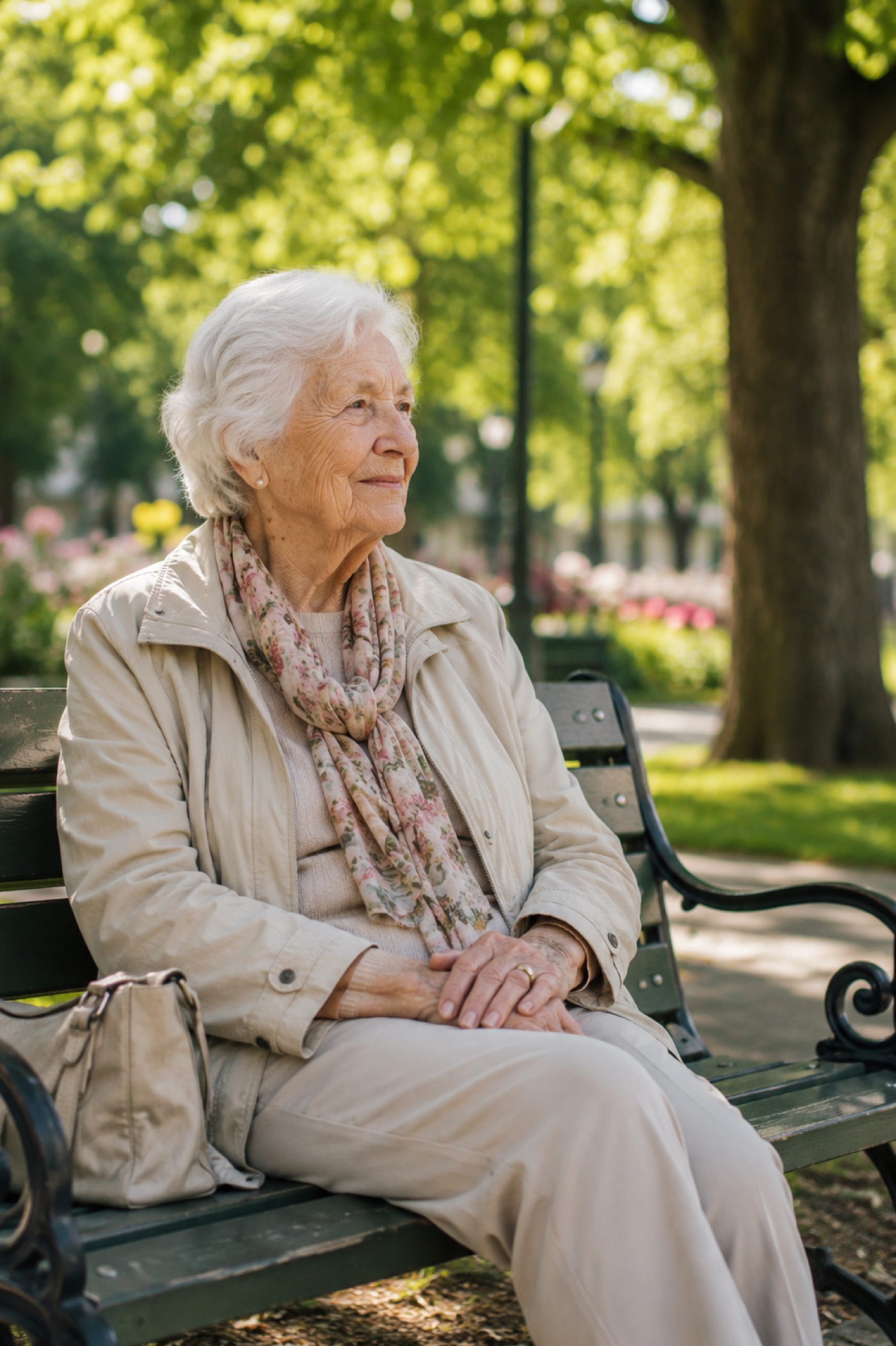 Ältere Dame sitzt entspannt und gelassen auf einer Parkbank