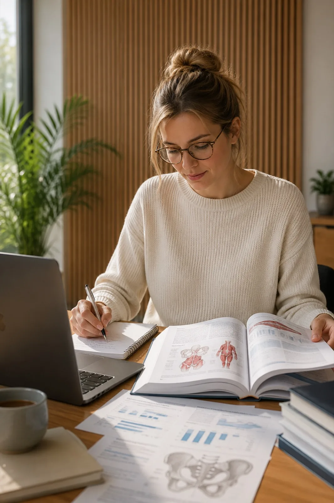 Frau studiert Beckenboden-Anatomie und Studien – wissenschaftliche Einordnung bei MyPelvi