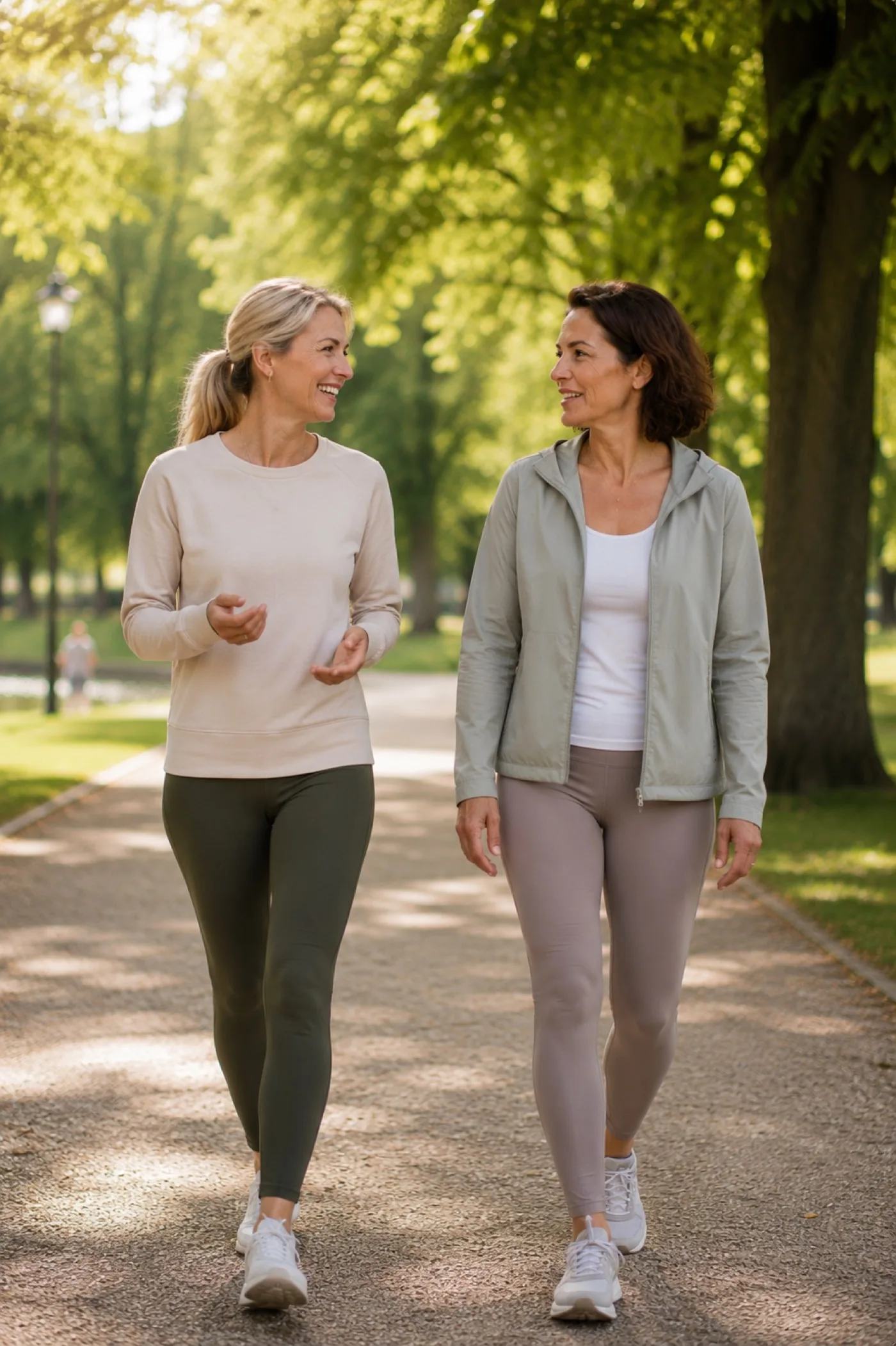 Zwei Freundinnen gehen lachend im Park spazieren